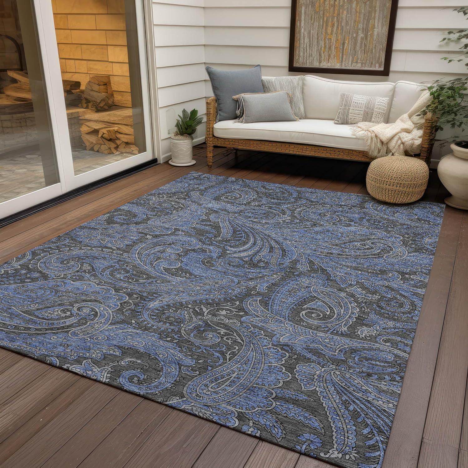 Charcoal and Blue Synthetic Washable Indoor Outdoor Rug 3' x 5'