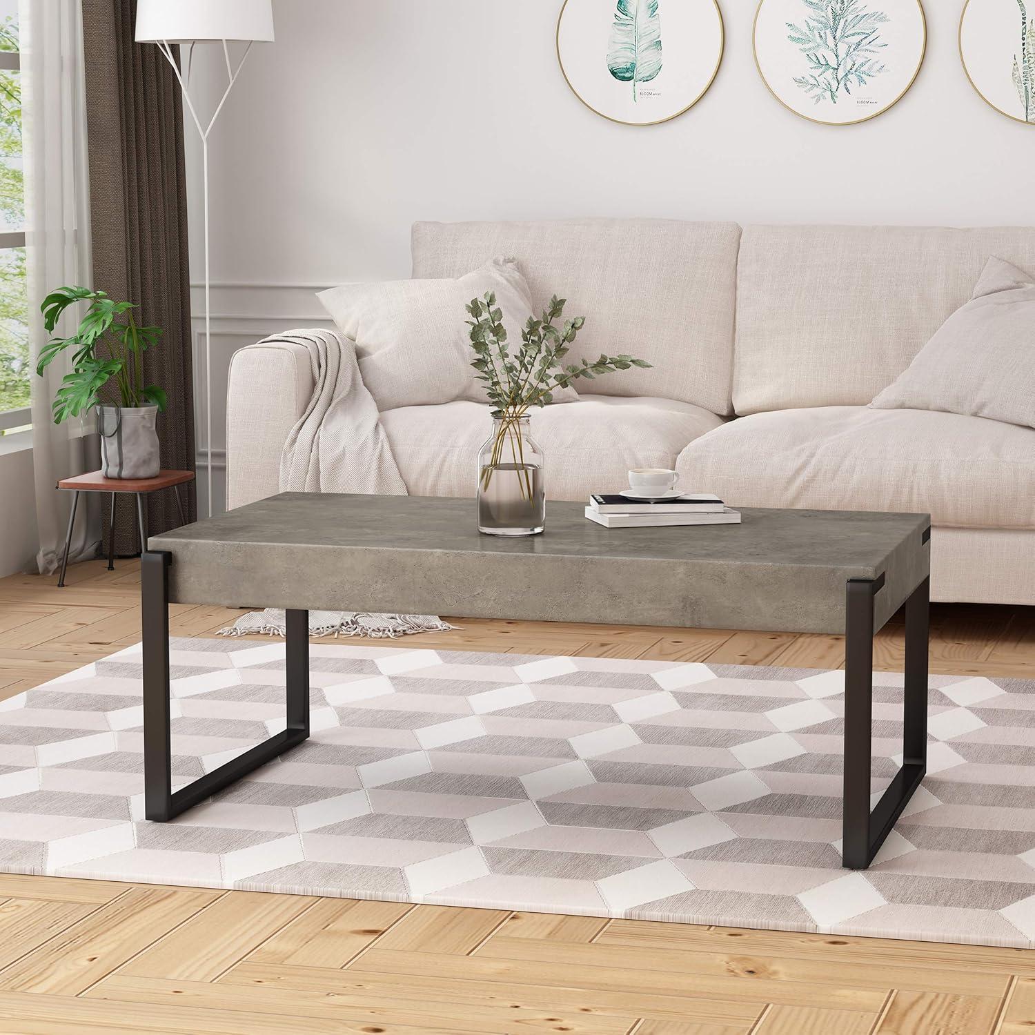 Ashford Light Concrete Faux Wood Coffee Table with Matte Black Metal Frame