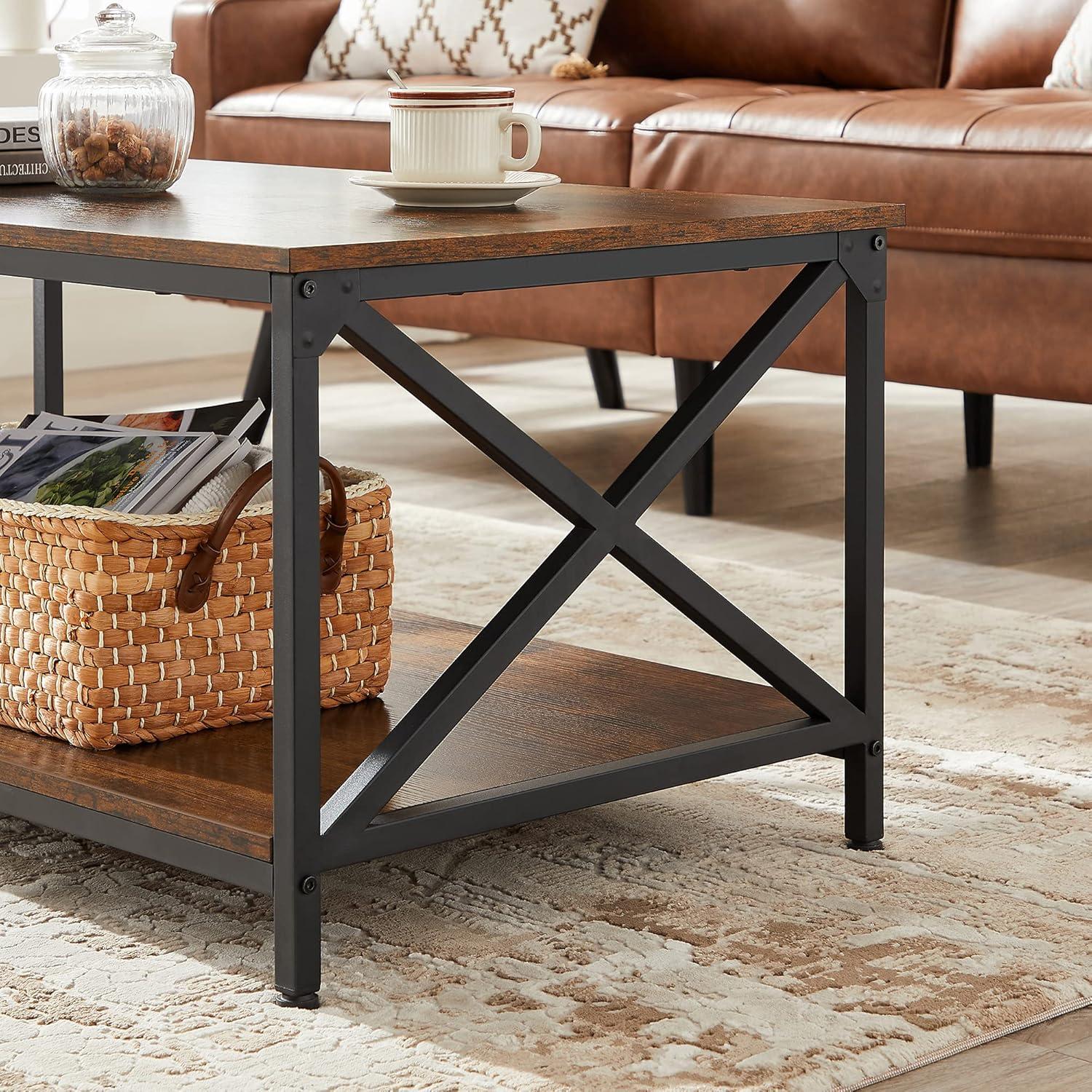 Rustic Brown and Black Industrial Coffee Table with Storage Shelf