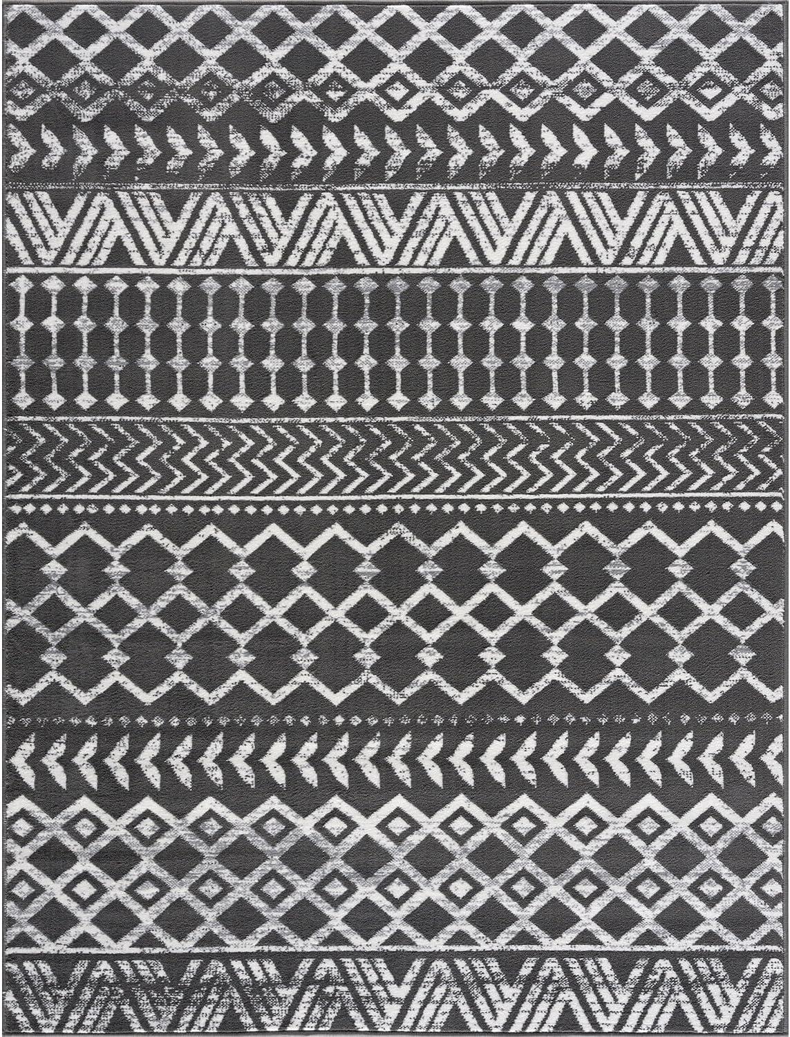 CAMILSON Boho Moroccan Dark Gray Rug Geometric Diamond 8x10 Area Rugs for Living Room Bedroom Kitchen Modern Bohemian Soft Stain Resistant Non-Shedding Indoor Carpet (8 x 10 Dark Grey and Cream)