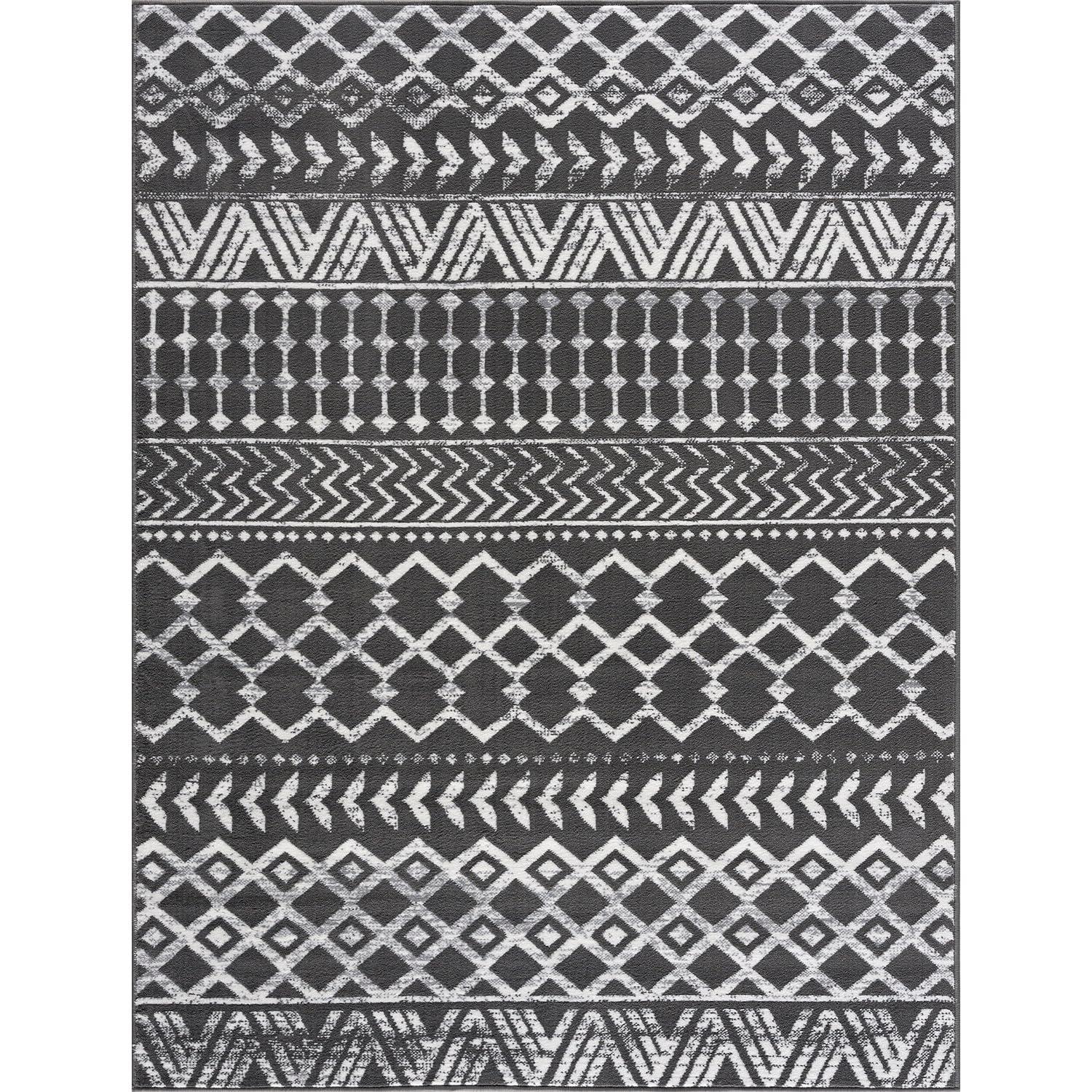 CAMILSON Boho Moroccan Dark Gray Rug Geometric Diamond 8x10 Area Rugs for Living Room Bedroom Kitchen Modern Bohemian Soft Stain Resistant Non-Shedding Indoor Carpet (8 x 10 Dark Grey and Cream)
