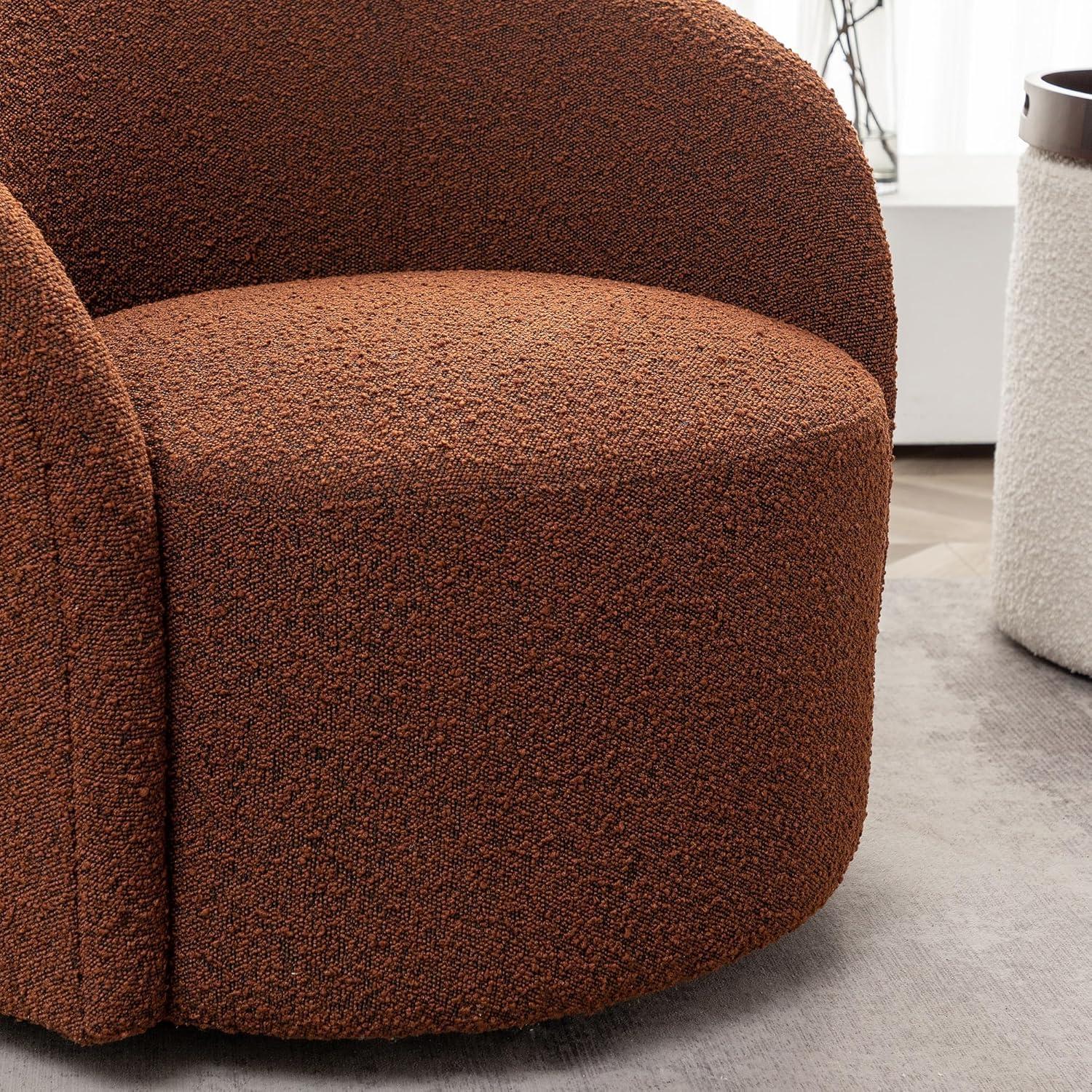 Brown Boucle Upholstered Swivel Barrel Accent Chair with Wooden Legs