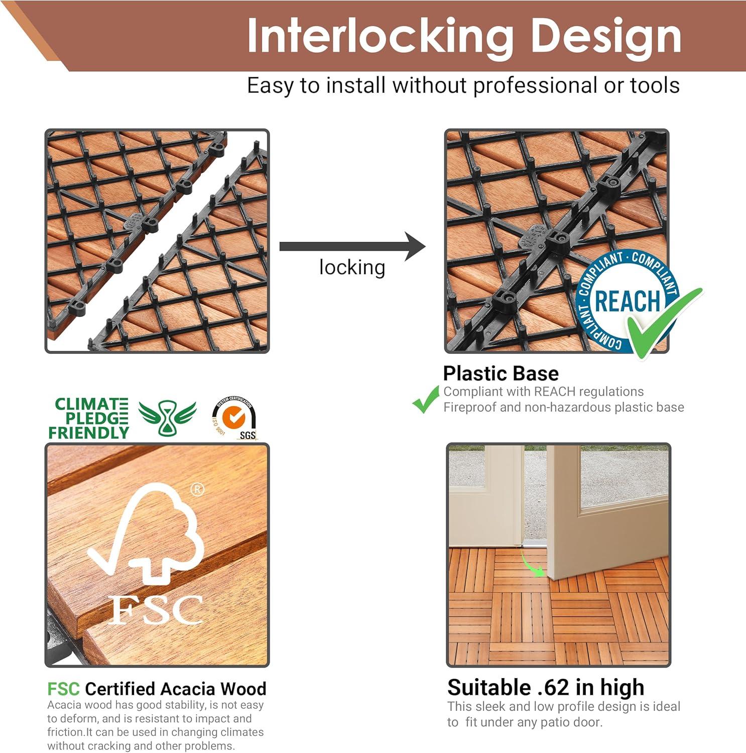 Natural Acacia Wood Interlocking Deck Tiles with Water Protection, 27 Pack