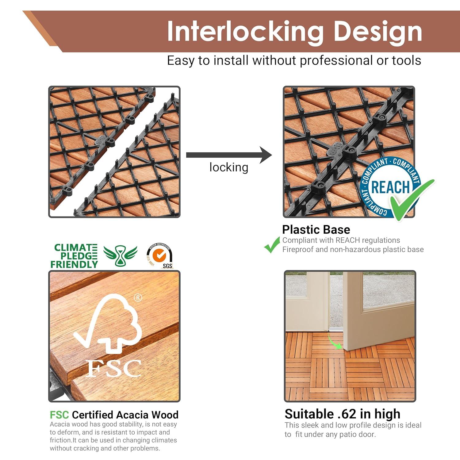 Natural Acacia Wood Interlocking Deck Tiles with Water Protection, 27 Pack