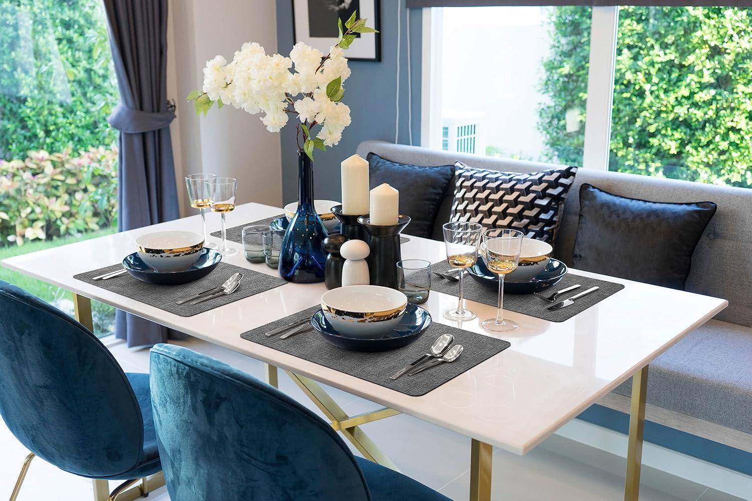 More Décor Faux Leather Placemats for Dining and Kitchen Table - Stain and Heat Resistant, Non Slip, Wipeable, Washable - Set of 6 - Dark Grey