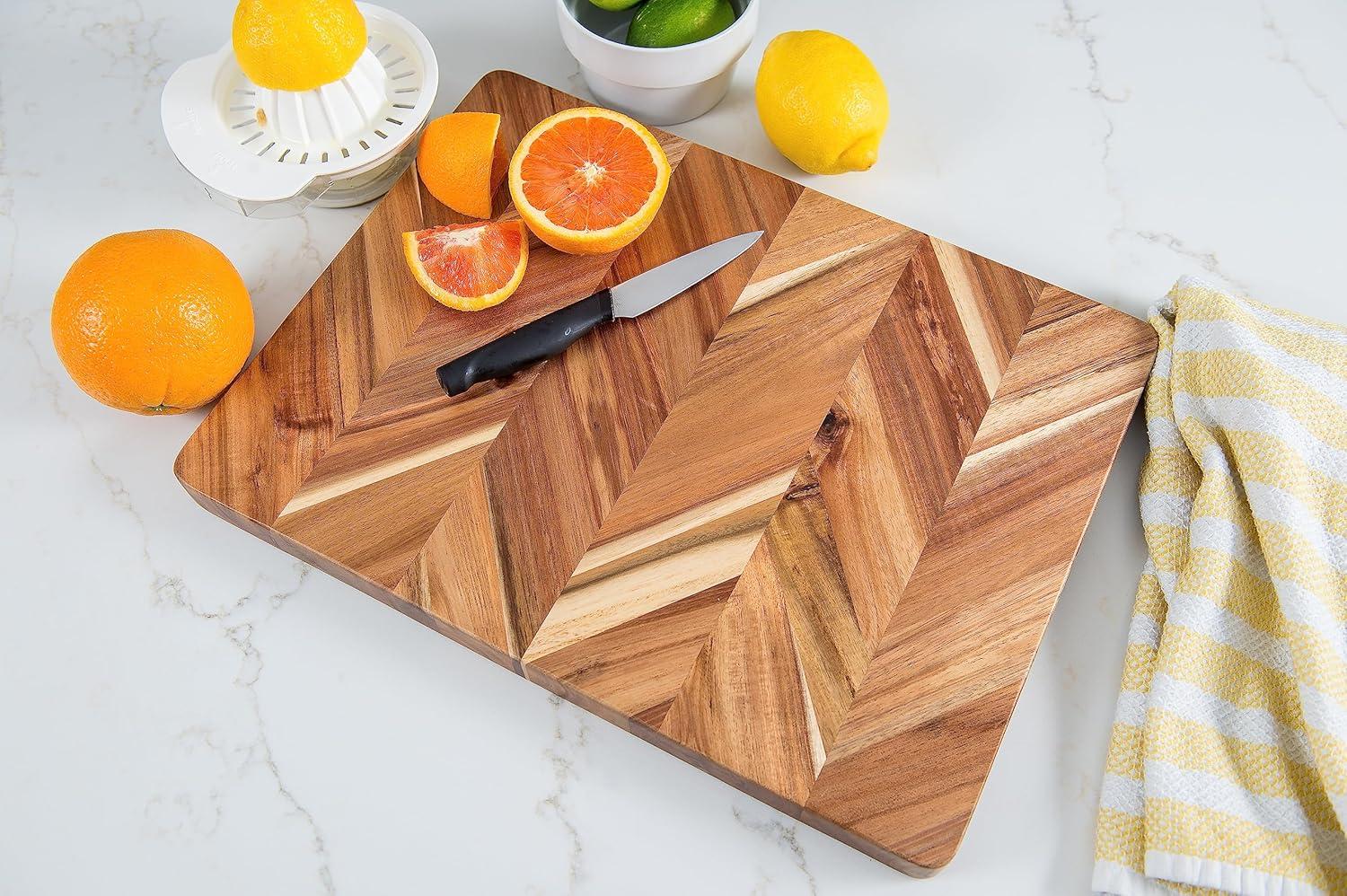 Acacia Herringbone Rectangular Cutting/Serve Board With Inset Handles And Well, Medium   ETA July