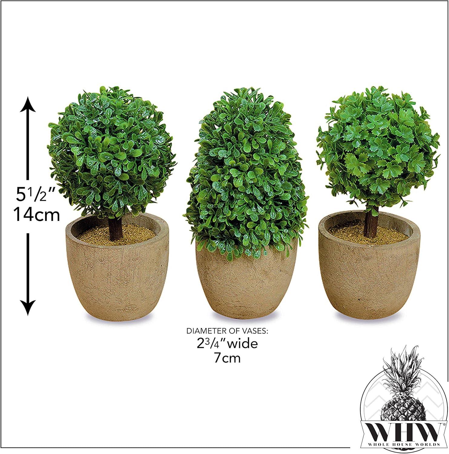 Realistic Faux Boxwood Sculptural Topiary, Set of 3, Curly Leaf, Cone and Ball Tops, Gray Stone Pot, Each 5 1/2 Inches Tall, Mixed Materials