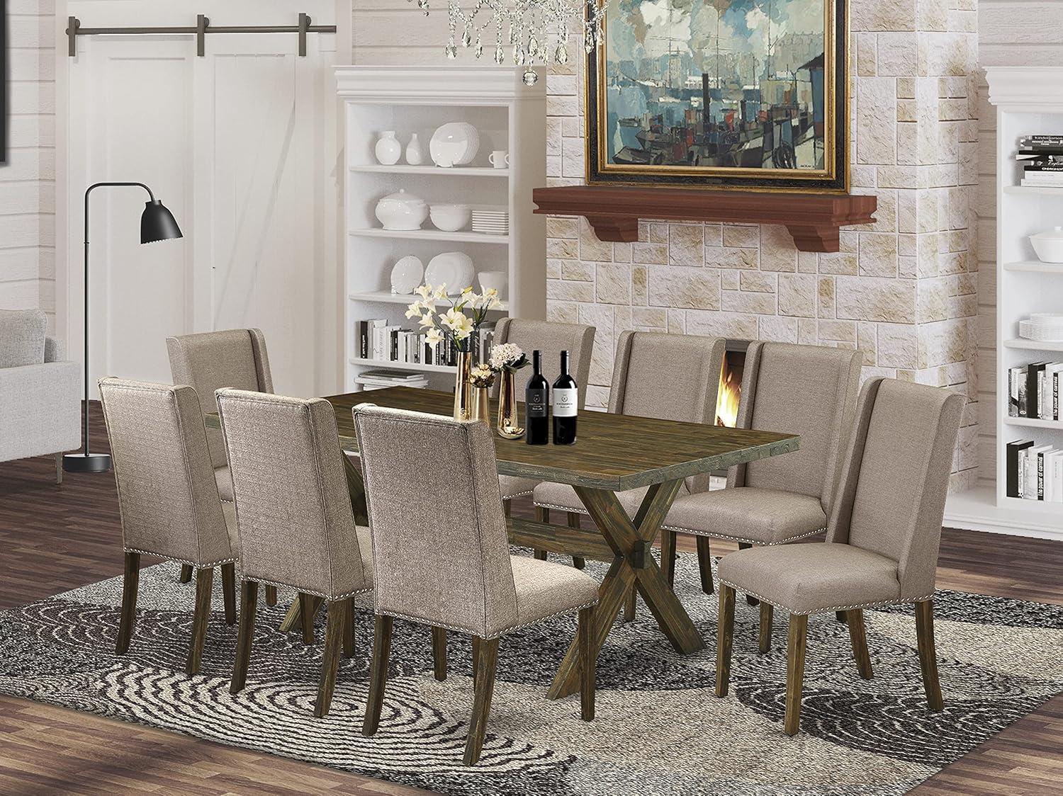 Mahogany 9-Piece Dining Set with Light Tan Linen Chairs