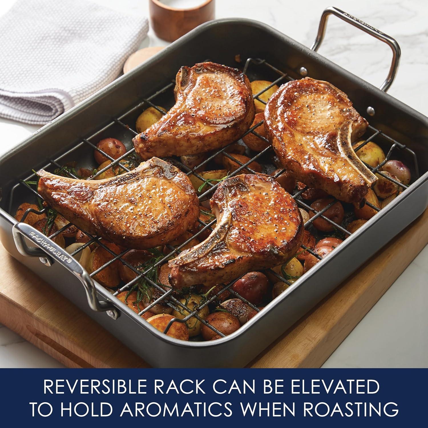 Rachael Ray 16" x 13" Roaster with Dual-Height Rack: Nonstick Carbon Steel Turkey Pan, Riveted Handles, Oven-Safe 450°F