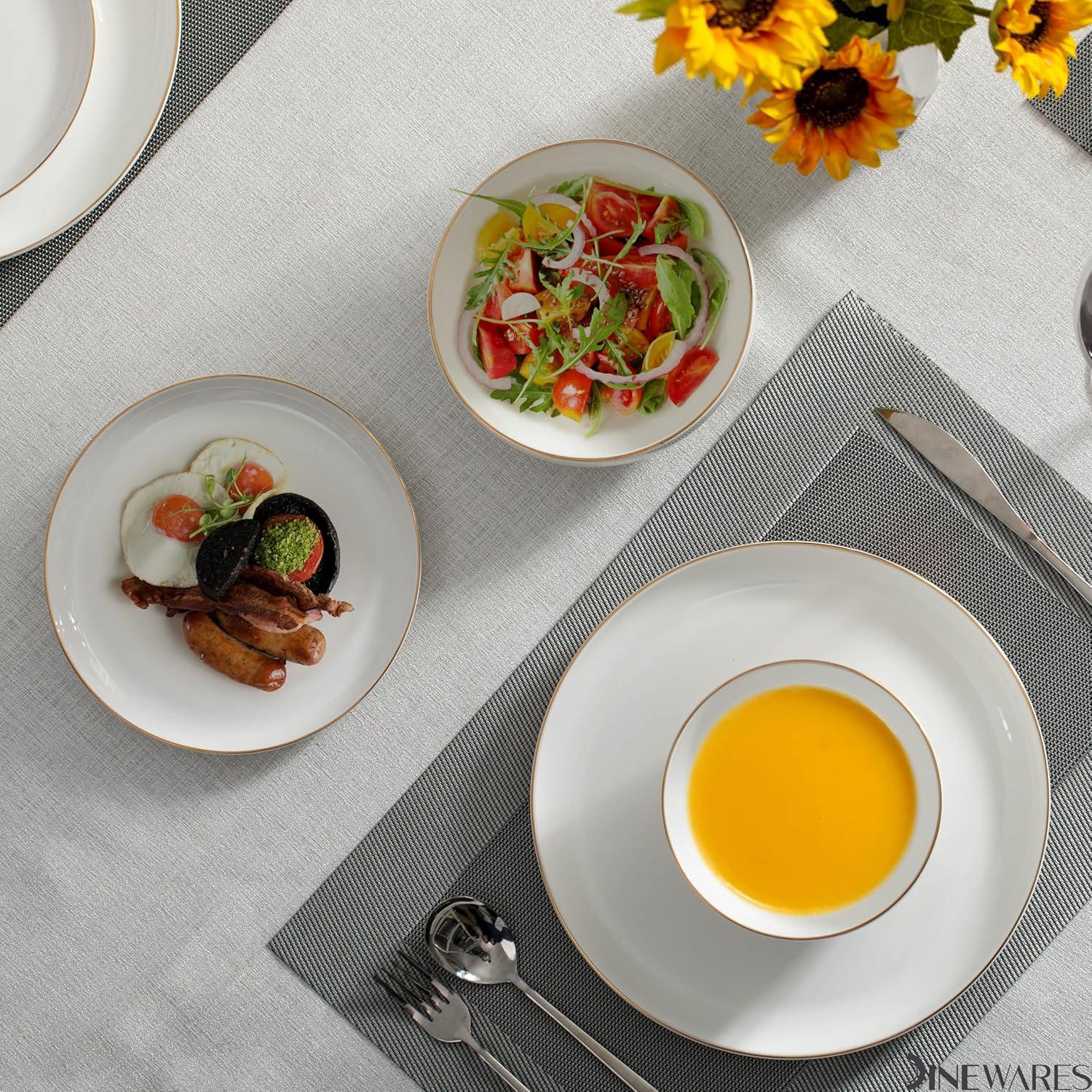 Dinewares White with Gold Rim Bone China Dinnerware Set - Service for 8, Includes Dinner Plates, Salad Plates, and Cereal or Soup Bowls