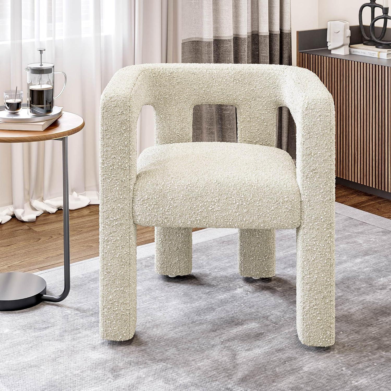 BELLEZE Modern Boucle Chair, Linen Dining Chair with Barrel Sidearms and Back, Minimalist Upholstered Kitchen Armchair for Dining Room - Lisbon (Cream)