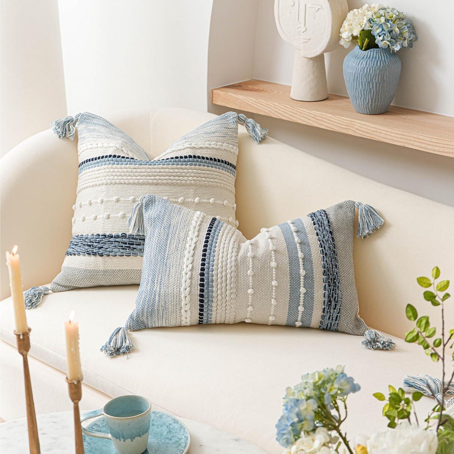 Coastal Blue Boho Decorative Throw Pillow Cover 20x20 Modern Bohemian Accent Pillow Case Square Woven Textured Farmhouse Pillows for Couch Bed (Pack of 1)