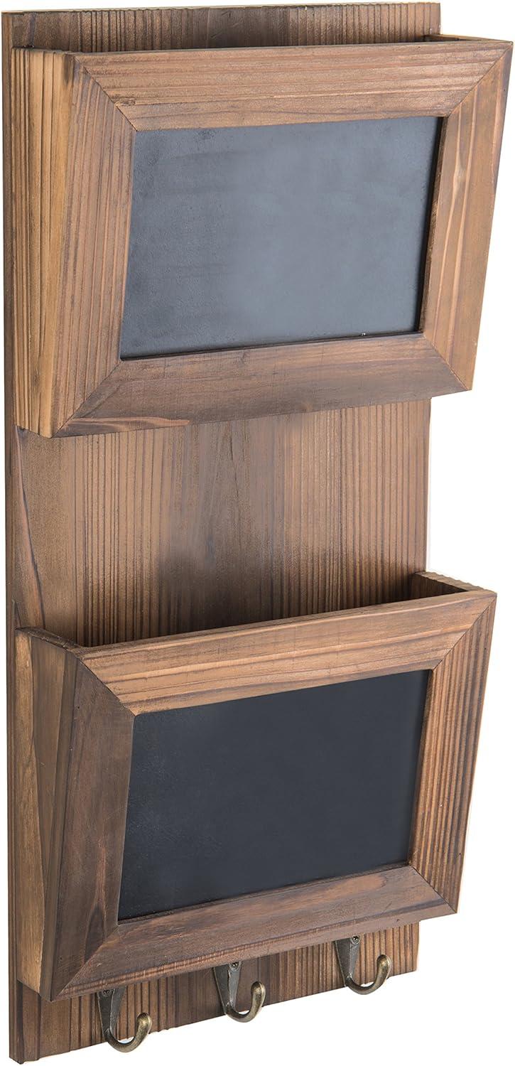 MyGift Rustic Wood Wall-Mounted 2-Slot Mail Sorter Organizer with Chalkboard Surface and 3 Key Hook Rack