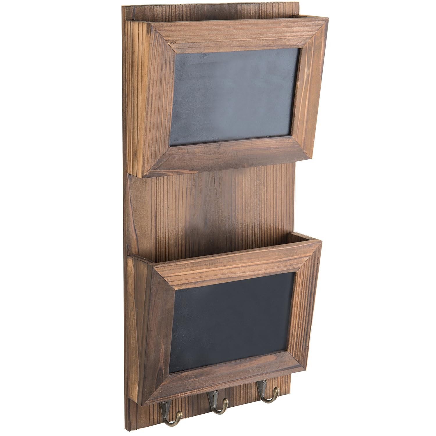 MyGift Rustic Wood Wall-Mounted 2-Slot Mail Sorter Organizer with Chalkboard Surface and 3 Key Hook Rack