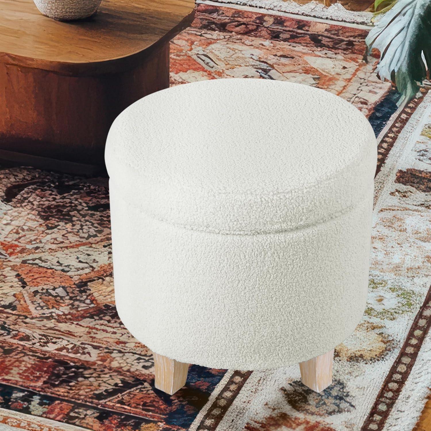 Cole Classics Round Storage Ottoman Flared Wood Leg Faux Sheepskin Cream - HomePop