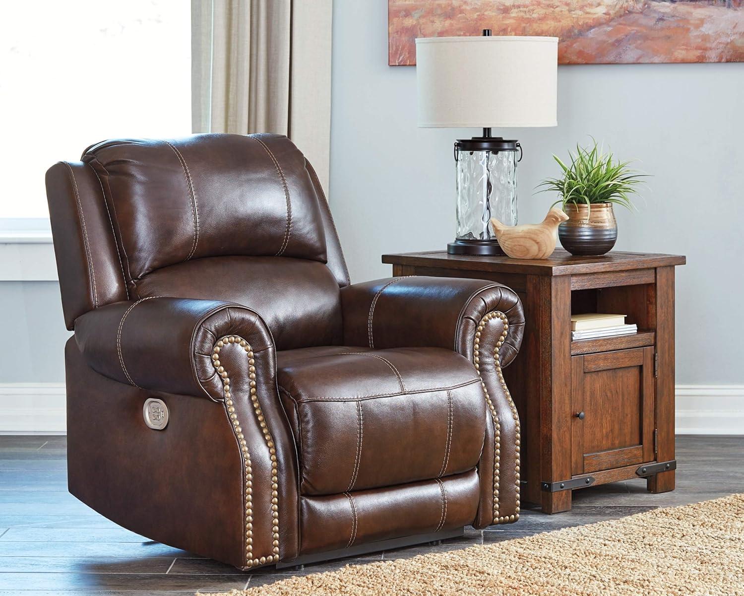 Traditional Brown Leather Power Recliner with Nailhead Trim