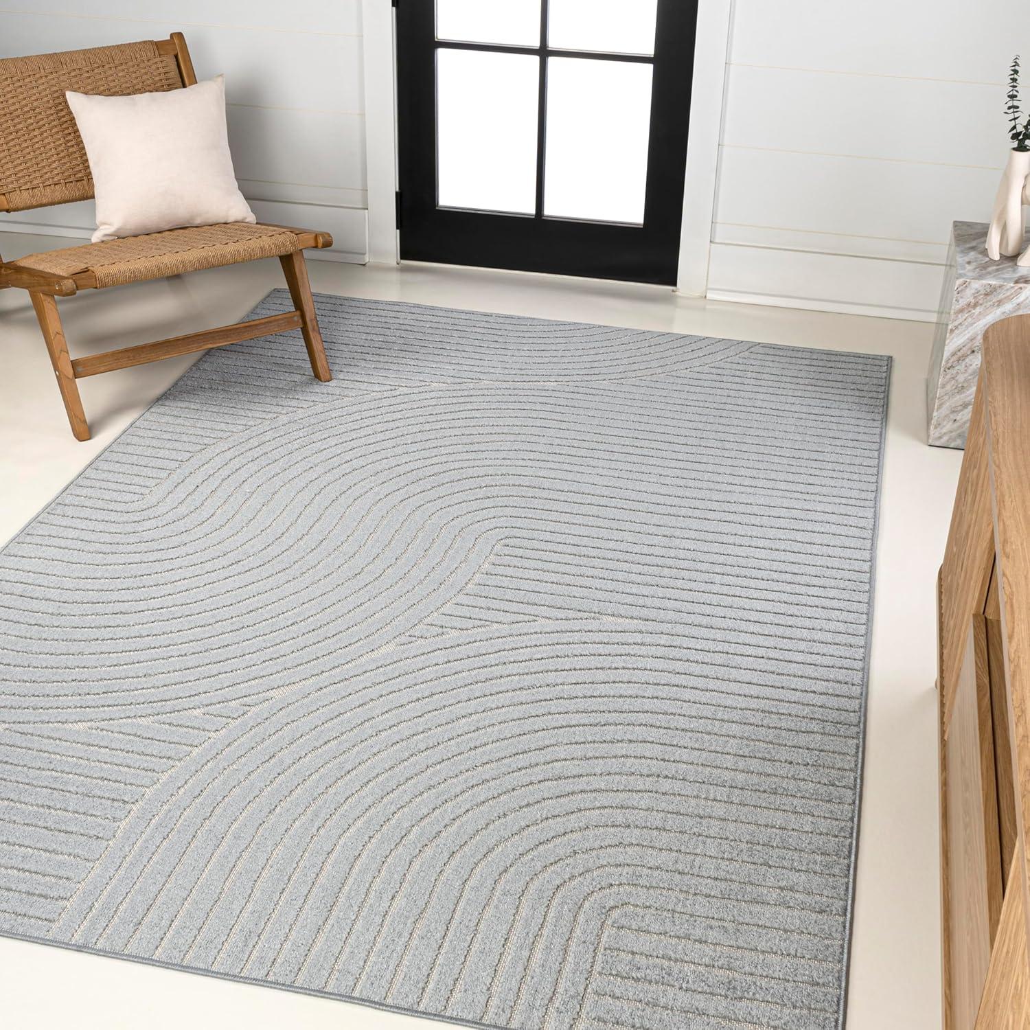 JONATHAN Y Hallie High-Low Minimalist Curve Geometric Light Blue/Cream 4 ft. x 6 ft. Indoor/Outdoor Area Rug