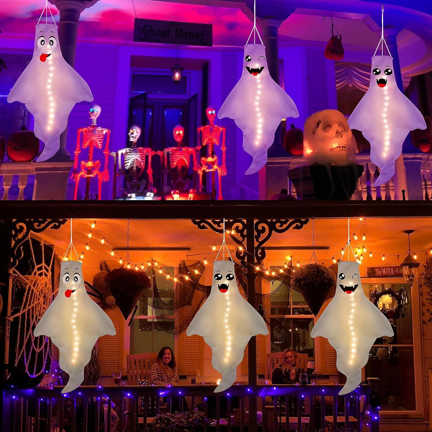 Set of 3 LED Hanging Ghost Windsocks for Halloween