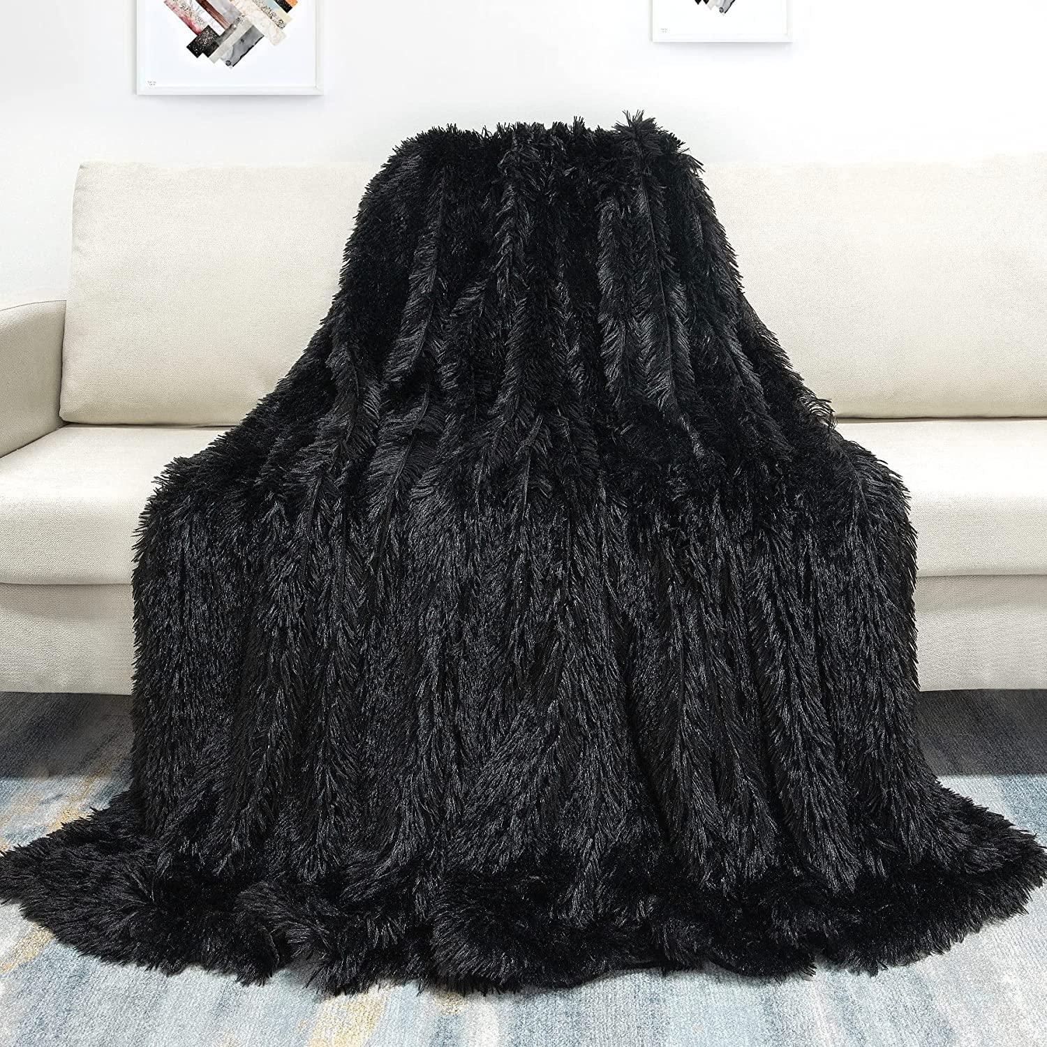 Tuddrom Decorative Extra Soft Faux Fur Throw Blanket 50" x 60",Reversible Fuzzy Long Hair Shaggy Throw Blankets, Fluffy Cozy Plush Fleece Comfy Microfiber Fur Blanket for Couch Sofa Bed, Black