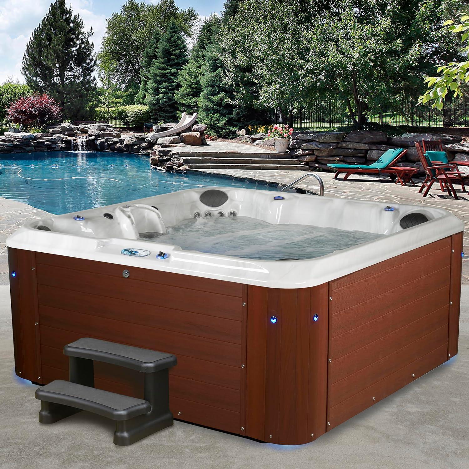 Amplified 6-Person 100-Jet Lounger Hot Tub Spa with Bluetooth Stereo, 3 Pumps, LED Lighting, Stainless Steel Heater and Ozonator, Insulated Cover Included and Steps Included, Made in USA