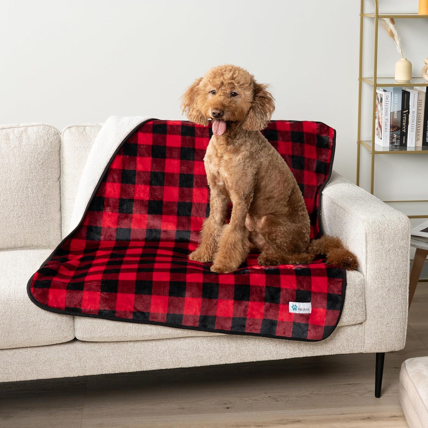 PetAmi Waterproof Dog Blanket For Small Medium Dogs, Pee Proof Pet Blanket Sherpa Fleece Couch Cover, Reversible Cat Throw Bed Sofa Protector, Soft Plush Washable Pad (Medium 29x40, Checker Red)