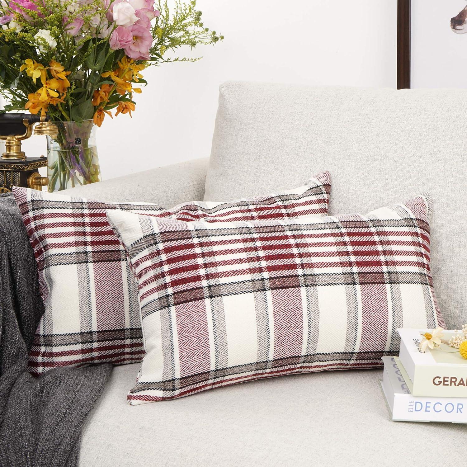 Fundas de Almohada de Lino y Algodón con Rayas a Cuadros de Búfalo Rojo, 18x18 Pulgadas, Juego de 2, Estilo Granja Vintage