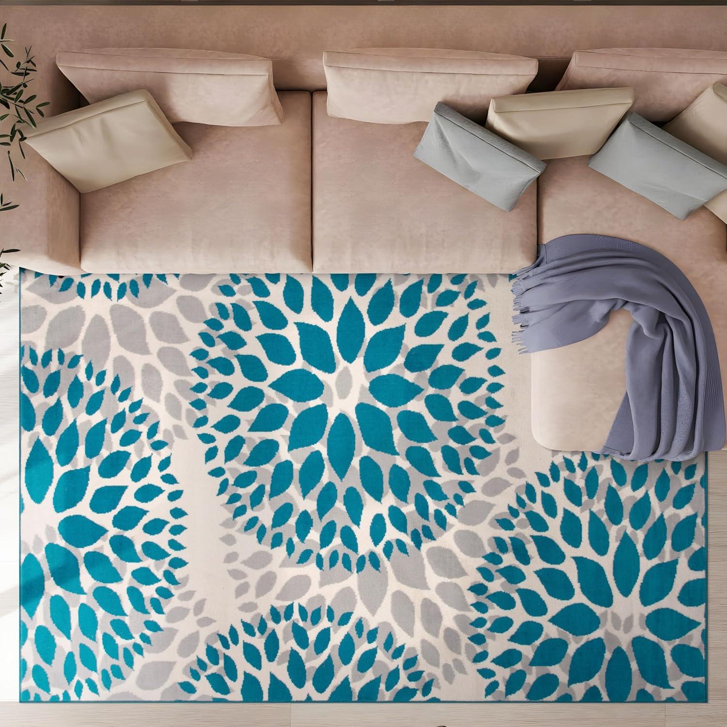 World Rug Gallery Modern Floral Circles Blue 5' x 7' Area Rug
