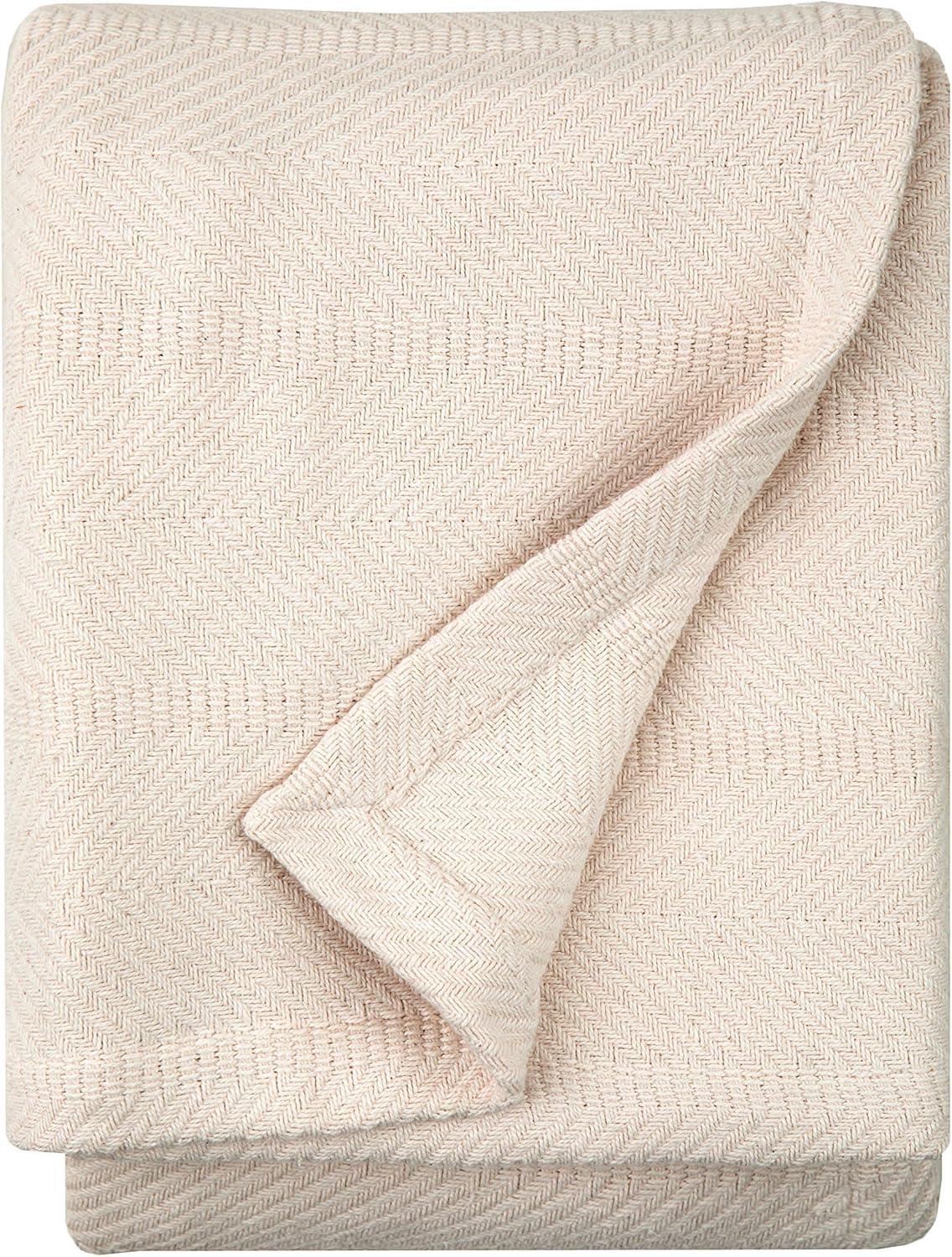 Ivory Cream Cotton Herringbone Throw Blanket, 60x50 in, Lightweight