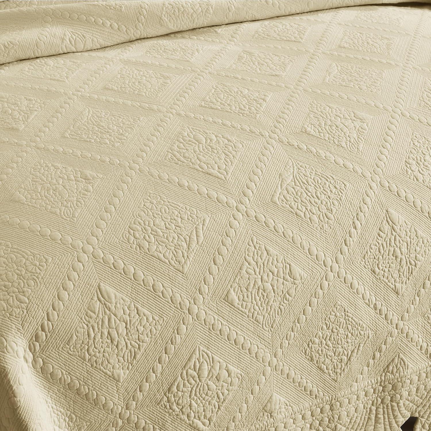 Beige Khaki Cotton Queen Bedspread Set with Embroidery