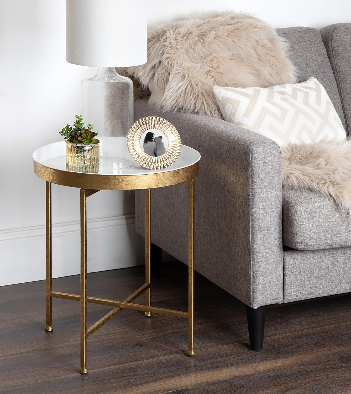 Celia Round White and Gold Metal Mirrored Side Table, 21"