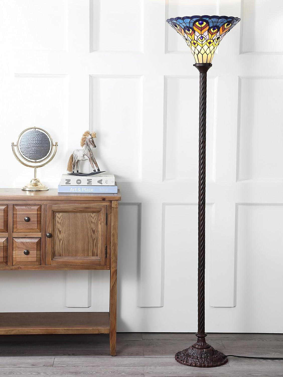 JONATHAN Y JYL8006A Peacock Tiffany-Style 70" Torchiere LED Floor Lamp, Traditional for living room, dinning room, bedroom, office Bulb Included, Bronze