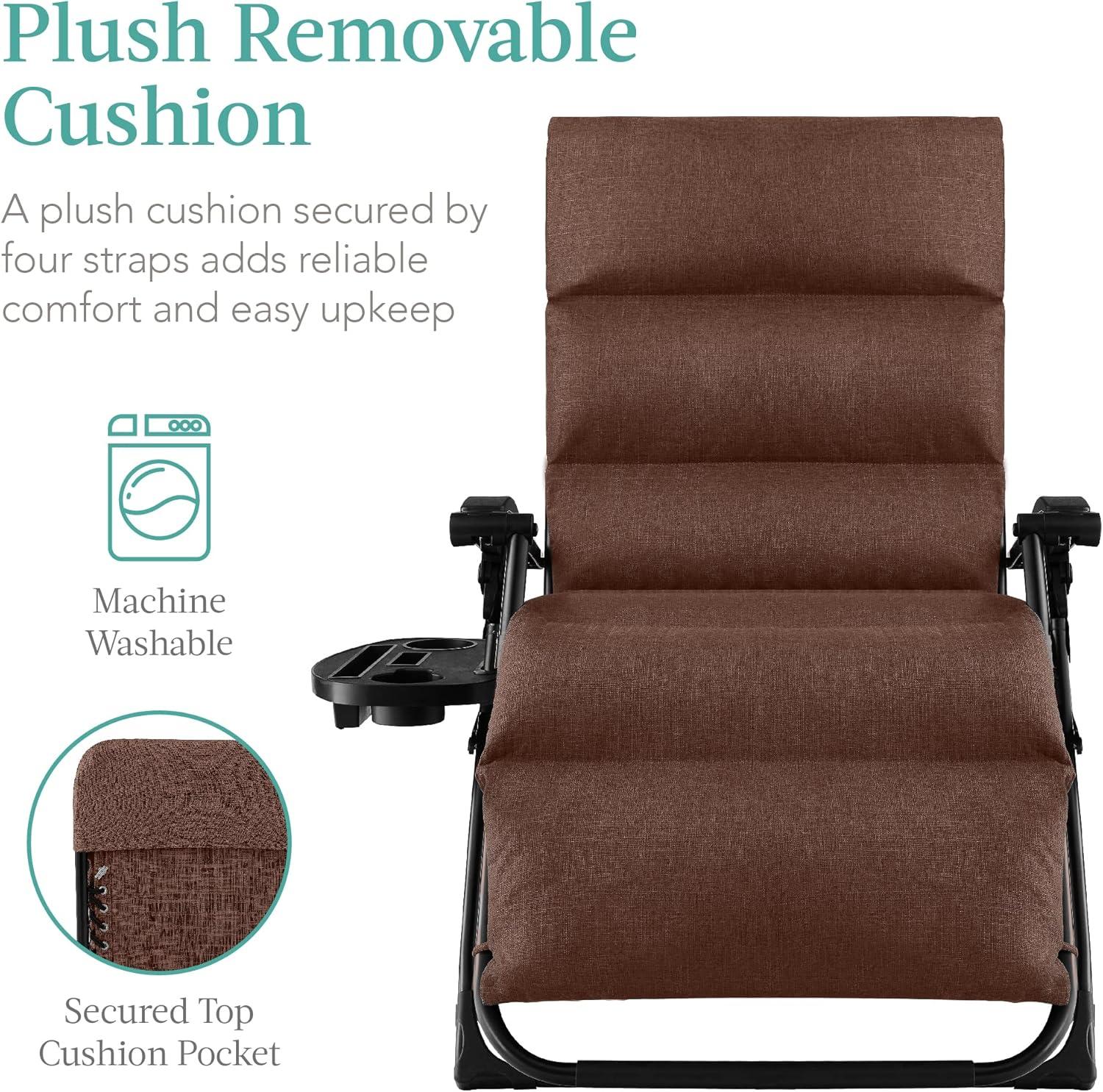 Best Choice Products Oversized Zero Gravity Chair, Folding Recliner w/ Removable Cushion, Side Tray - Woodland Brown