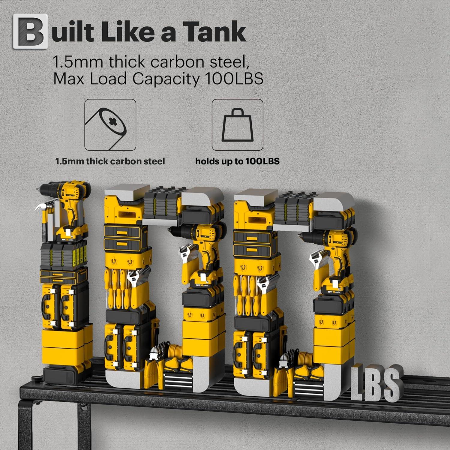 Spampur Power Tool Organizer Wall Mount with Charging Station, Garage Tool Shelf 6 Drill Holders, Tool Battery Holder with Plier holder Heavy Duty Rack, Tool Storage Rack with 4 Outlet Power Strip