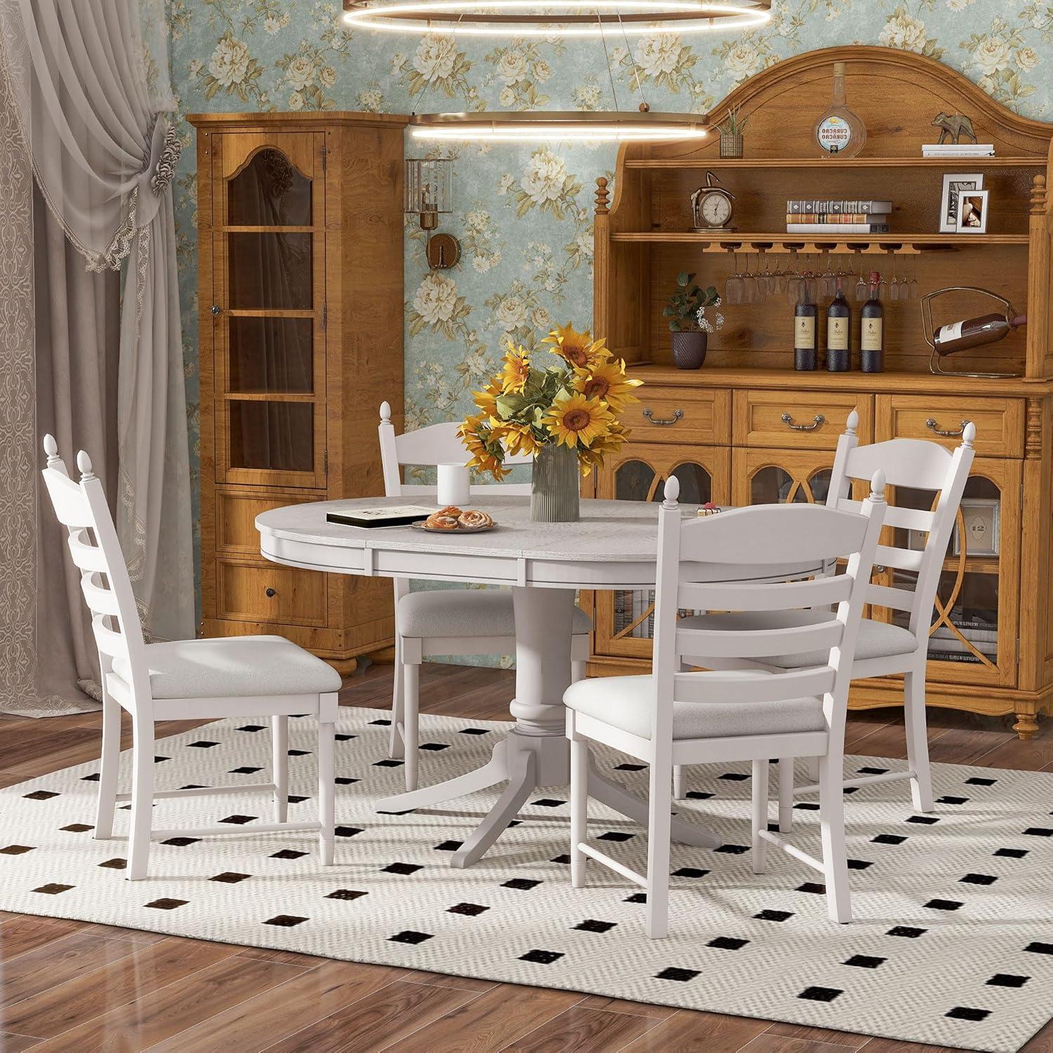 MERITLINE Dining Table Set, 5-Piece Retro Functional Dining Table Set, Wood Round Extendable Dining Table and 4 Upholstered Dining Chairs（Off White）