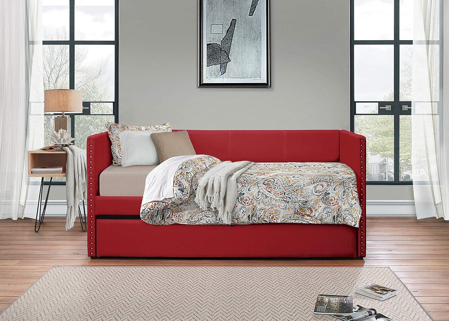 Red Twin Upholstered Daybed Frame with Nailhead Trim