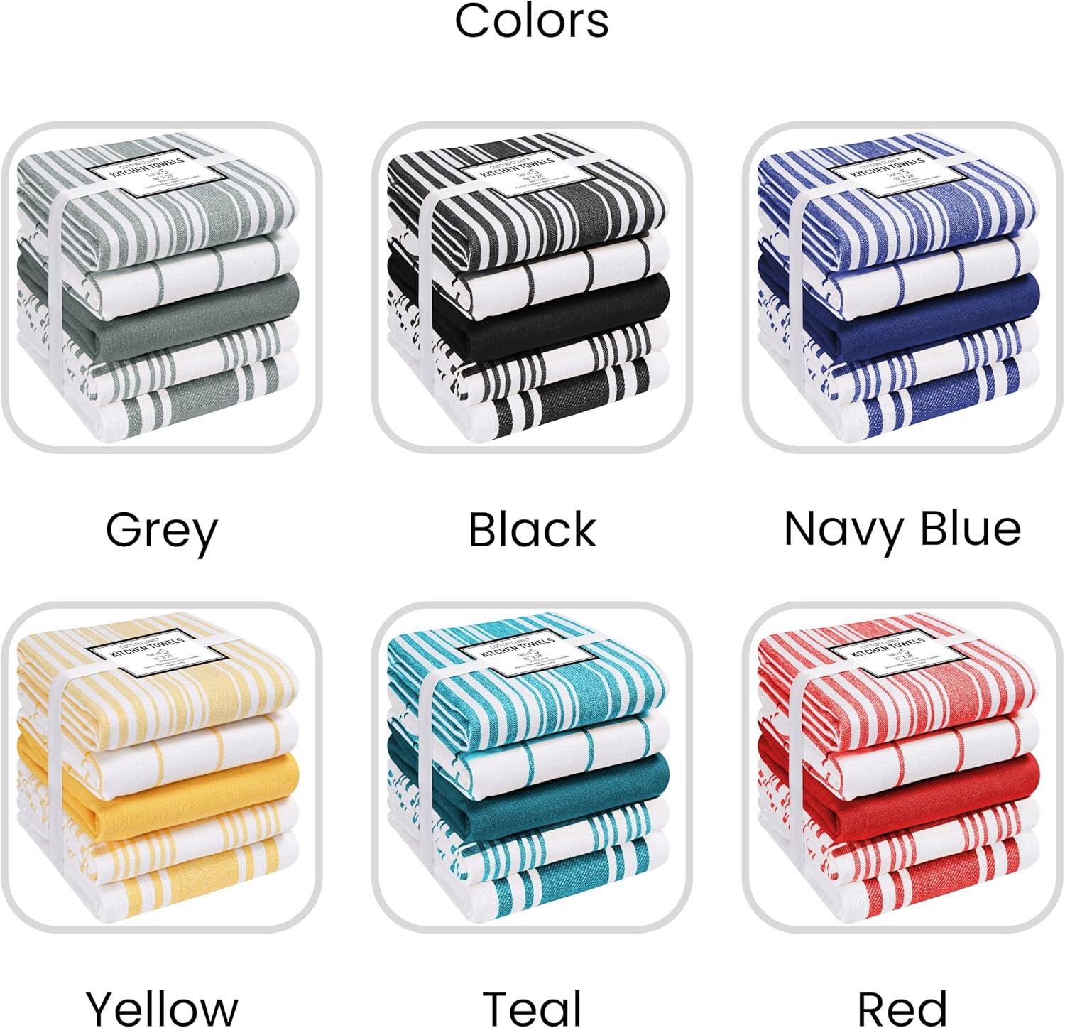 Cotton Clinic Assorted Kitchen Linen 5 Pack Soft Absorbent Quick Drying Table & Kitchen Towels with Hanging Loop 16x28 / Navy White