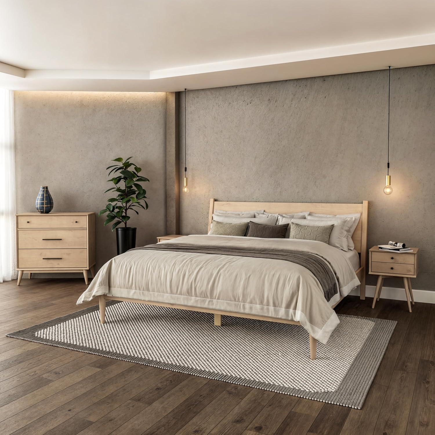 Mid-Century Light Oak King Pine Wood Upholstered Platform Bed