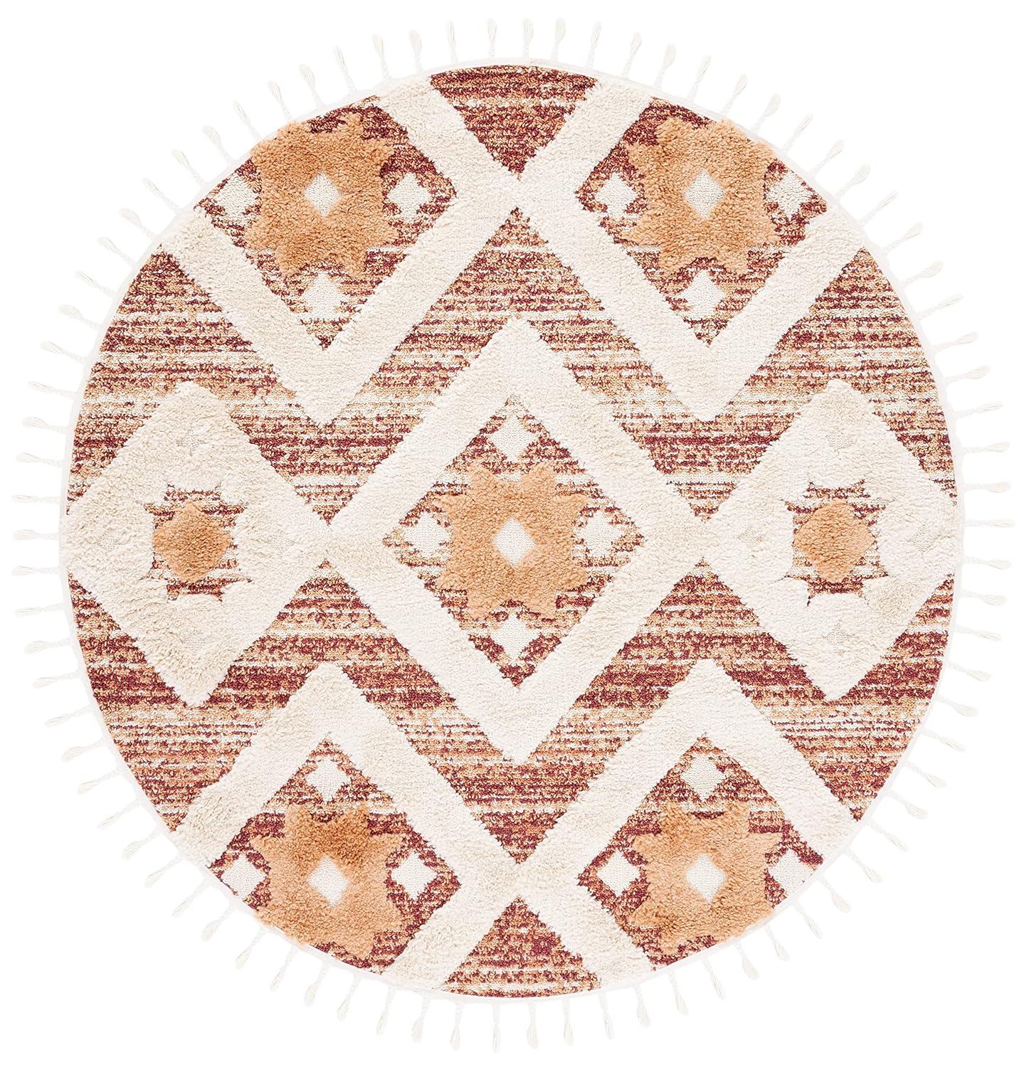 SAFAVIEH Moroccan Tassel Dawson Geometric Shag Area Rug, Rust/Ivory, 5'3" x 5'3" Round
