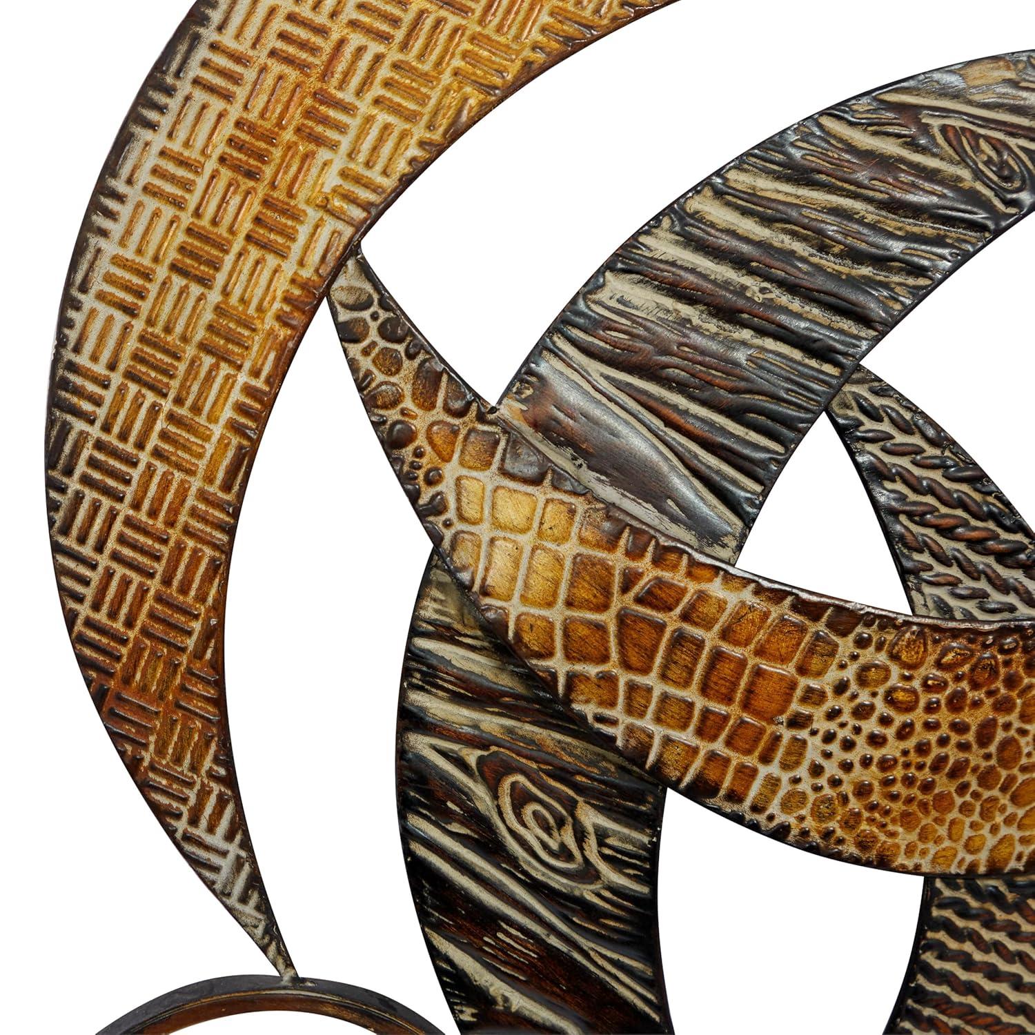 DecMode Contemporary Curved Metal Stips with Indigenous Patterns Wall Décor, 24"W x 40"H Features Gray, Brown, Maroon and Yellow Polished Finish