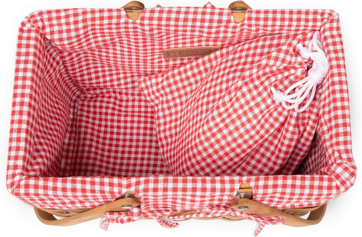 Natural Wicker Picnic Basket with Red Gingham Liner and Bamboo Serveware