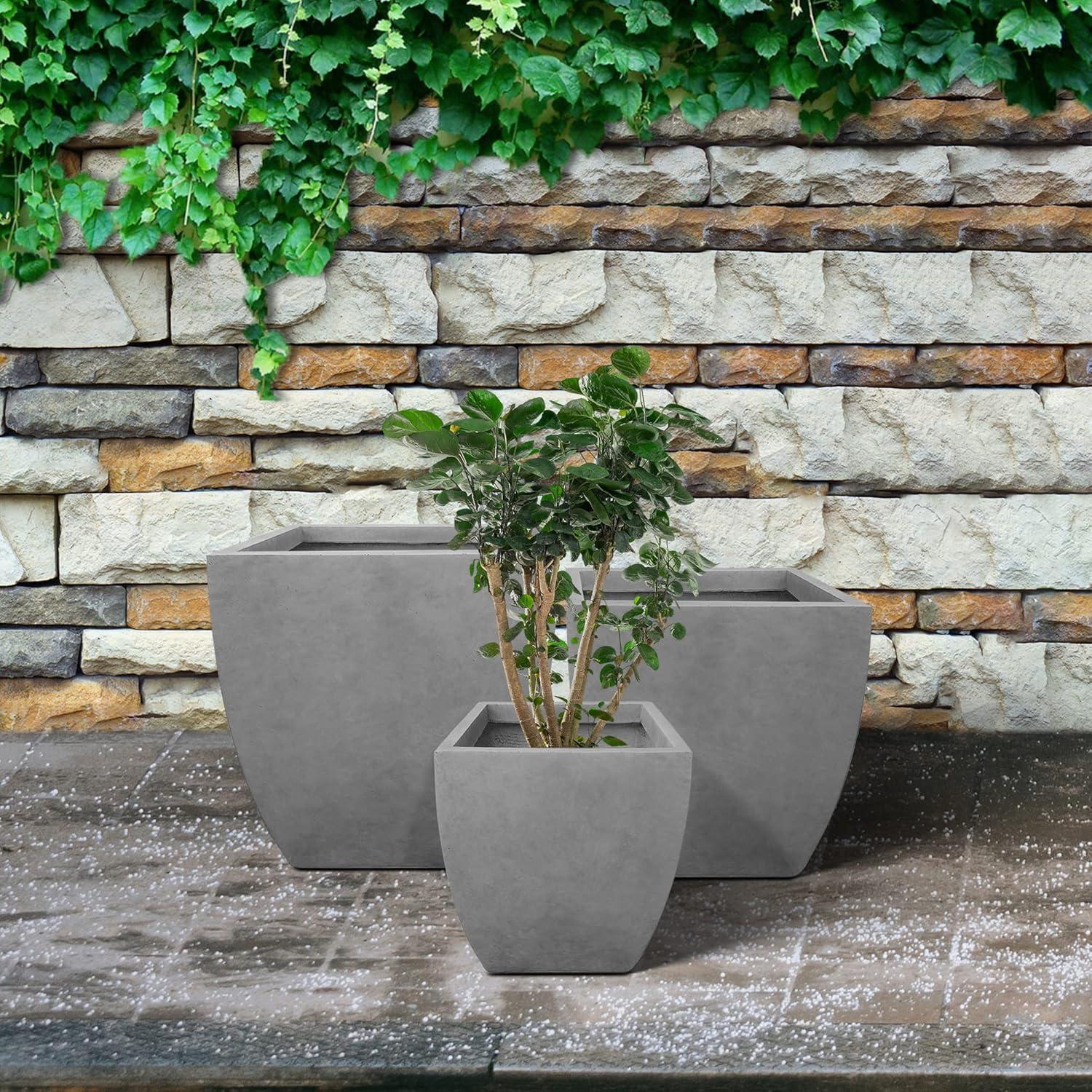 Contemporary Square Medium Natural Concrete Planter 17.7" with Drainage
