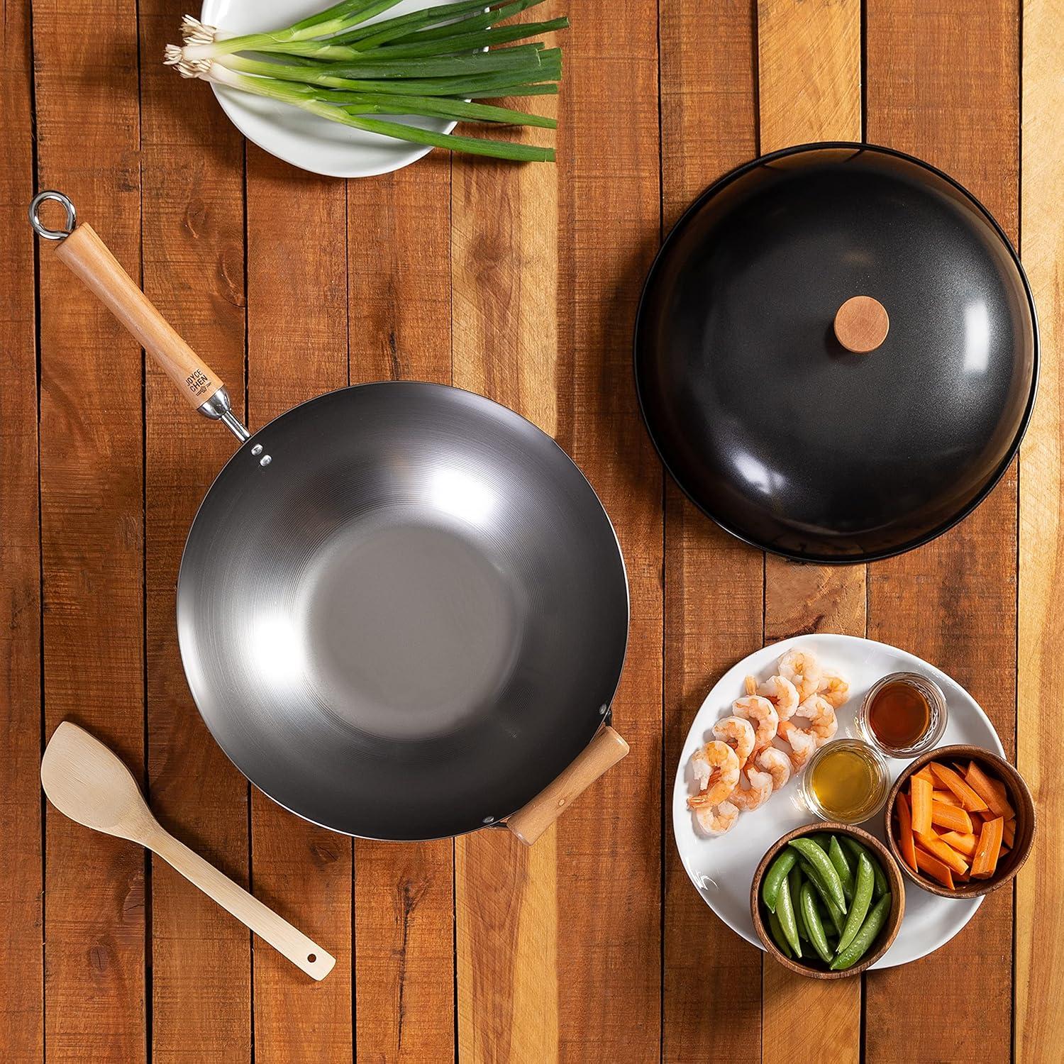 Joyce Chen Classic Series Uncoated Carbon Steel Wok Set with Lid and Birch Handles, 4 Pieces, 14-in., J21-9972