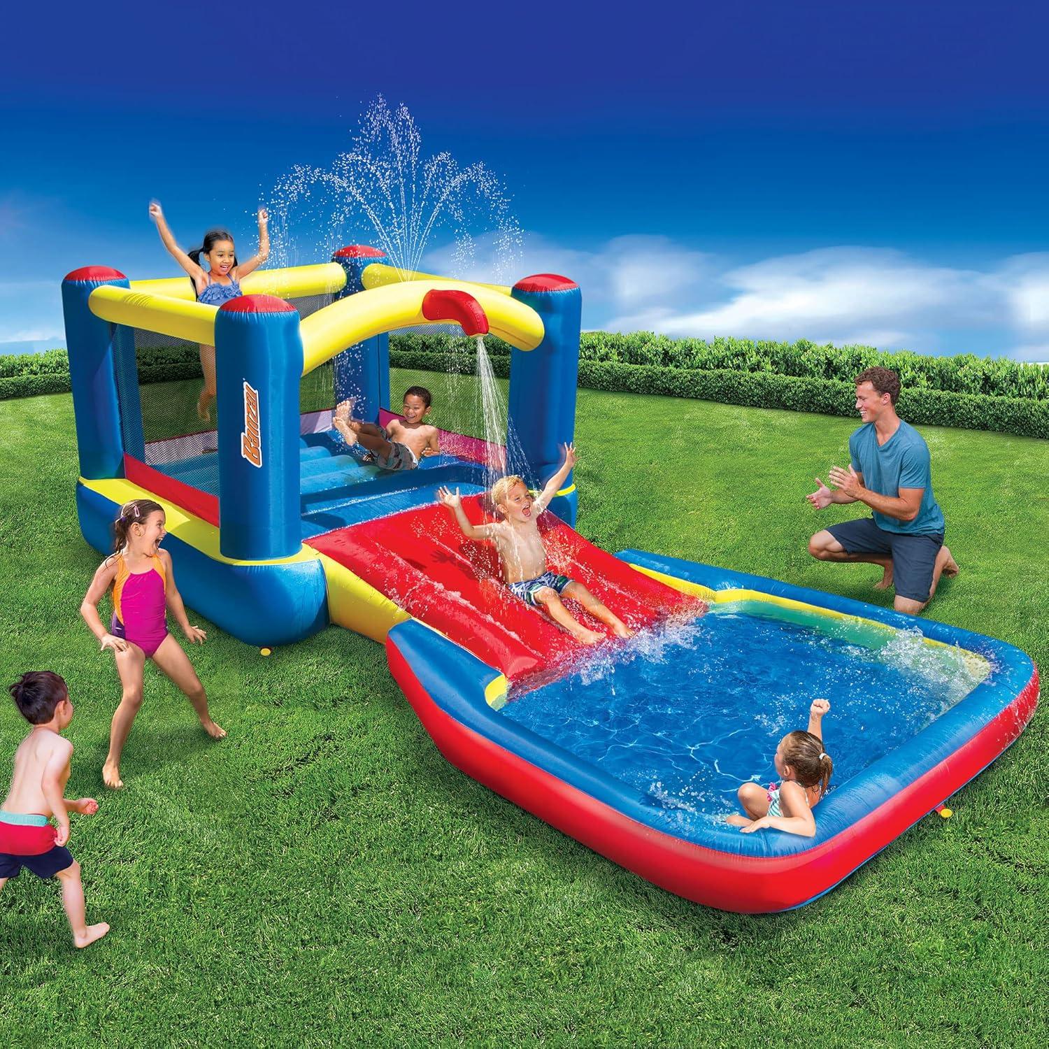 Banzai Bounce ’N’ Splash Water Slide, Heavy Duty Inflatable Outdoor Water Park w/ Bounce House, Slide, and Splash Pool, for Kids Ages 5-12, Multicolor