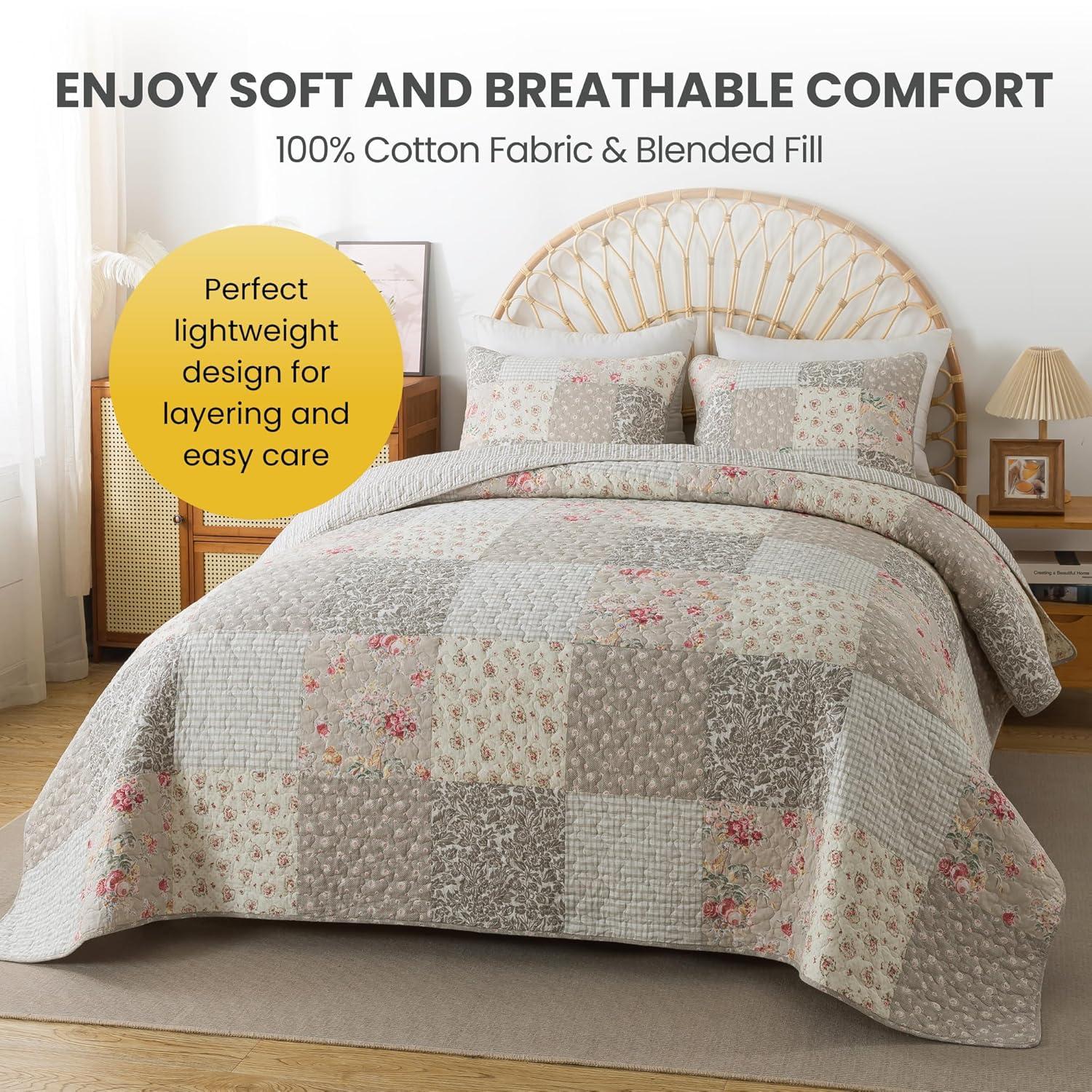 SLPR Walk in The Cotswolds Patchwork Cotton Pieced Quilt Set - Queen Size with 2 Shams, Neutral Floral & Cream Cottage Quilted Bedspread, French Country Farmhouse Bedding for All Seasons