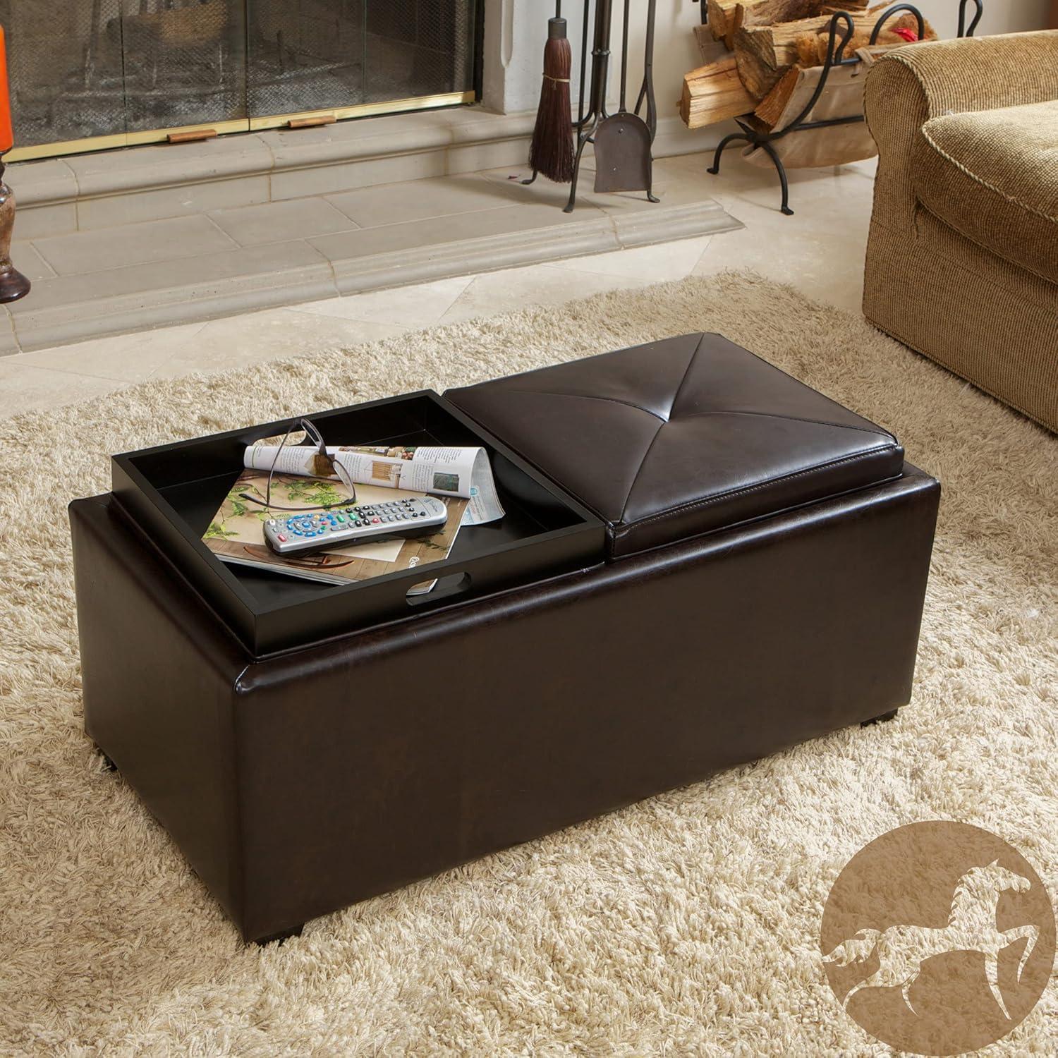 SUSIMOND Maxwell Bonded Leather Double Tray Ottoman, Brown , 38 x 19x 17inches