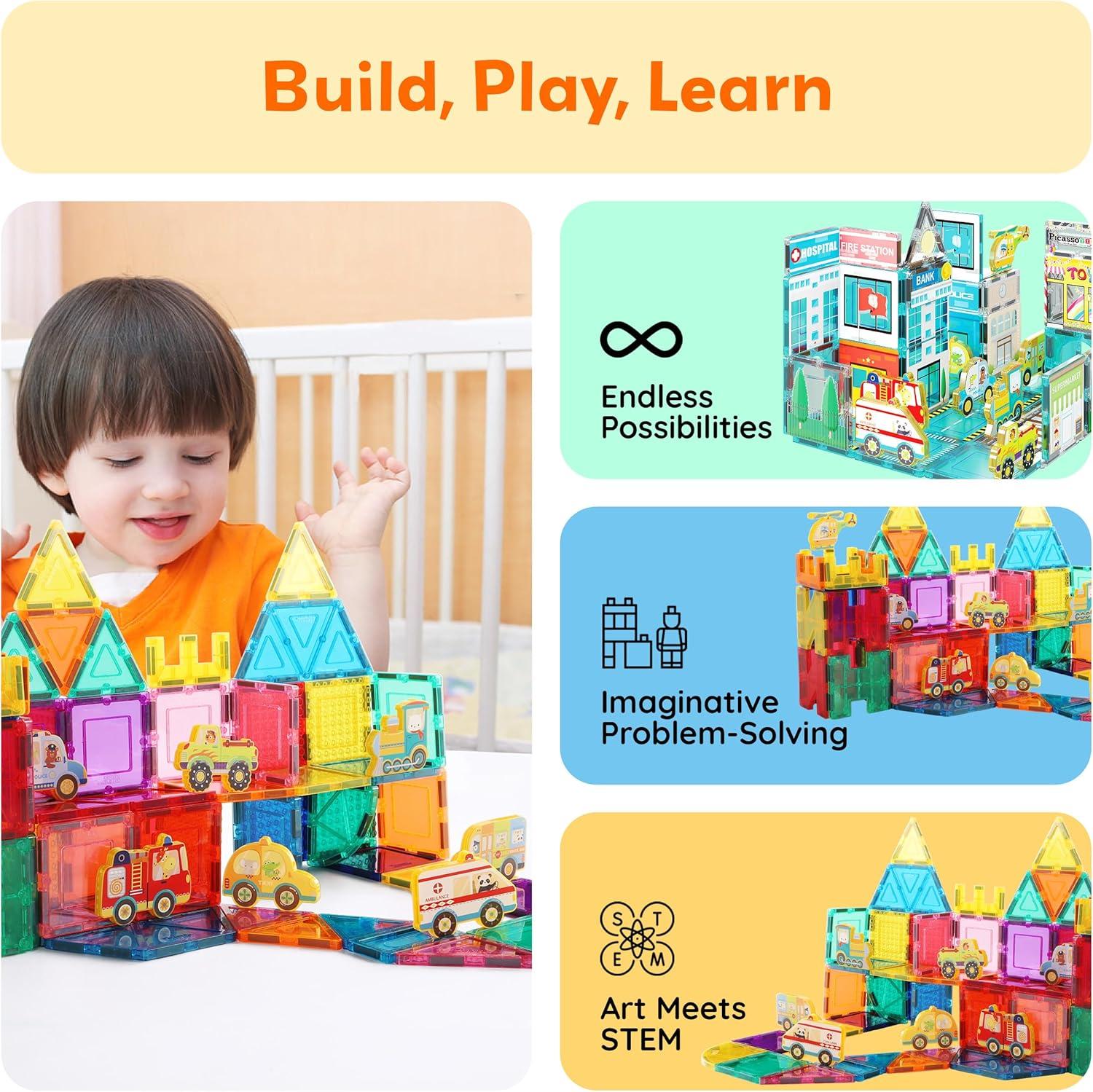 Picasso-TILES 8 PC Metro City Vehicle Themed, Magnetic Tiles, Building Blocks, STEM Toys for Kids 3+