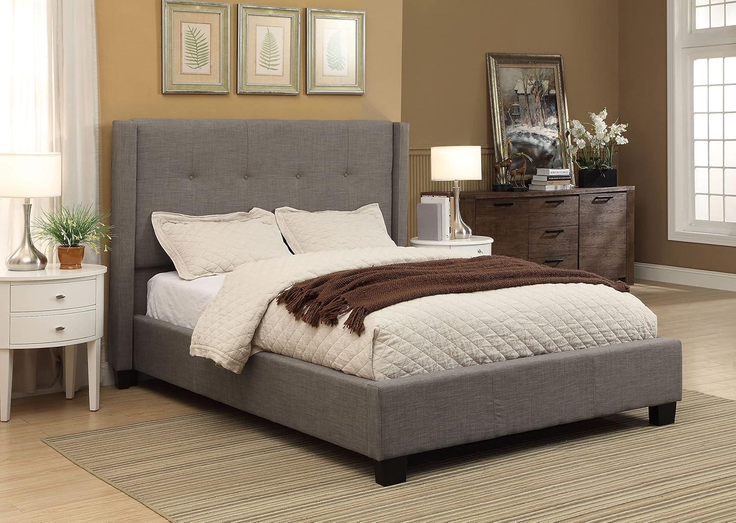 Gray Linen Upholstered Full Bed with Storage and Tufted Headboard