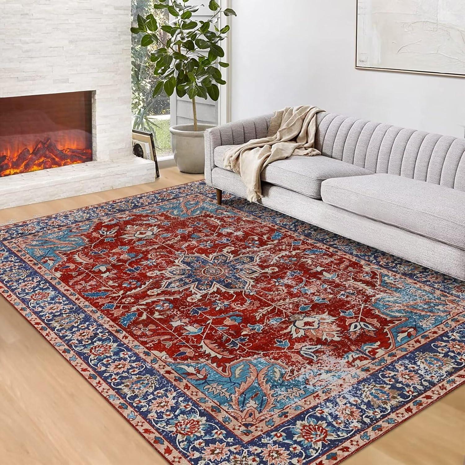 Red and Blue Floral Chenille 8' x 10' Washable Area Rug