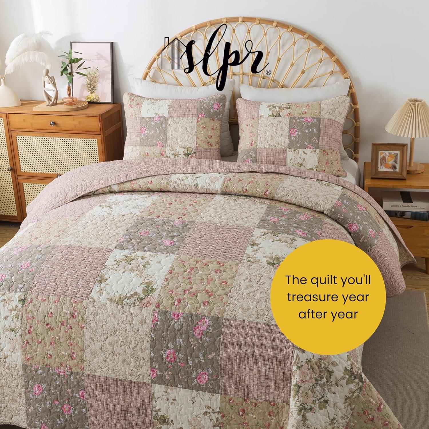 SLPR Secret Garden Patchwork Cotton Pieced Quilt Set - Twin with 1 Sham, Country Shabby Chic Bedding with Flower Pattern, Pink Floral Farmhouse Quilted Bedspread for All Seasons