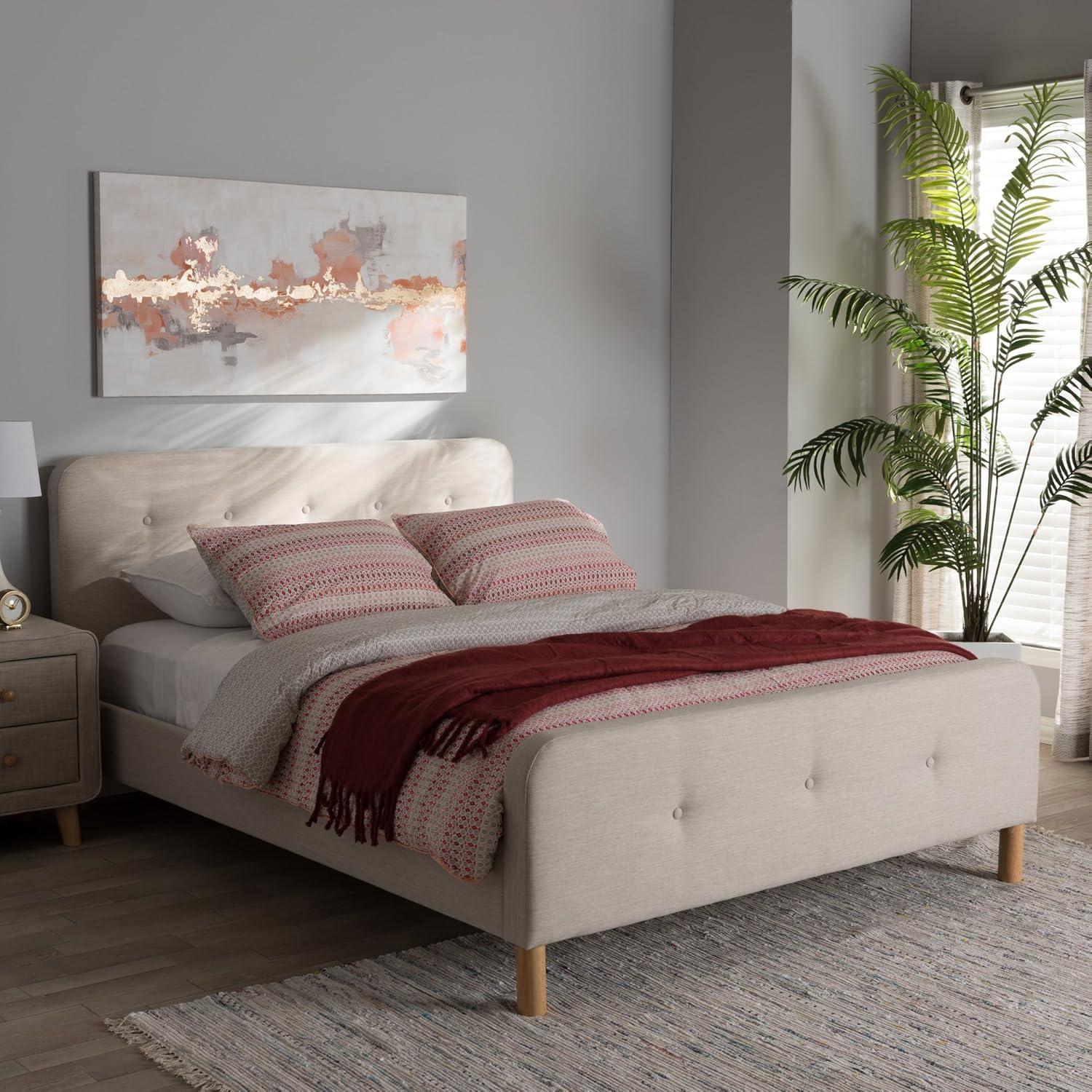 Light Beige Upholstered Full Platform Bed with Tufted Headboard